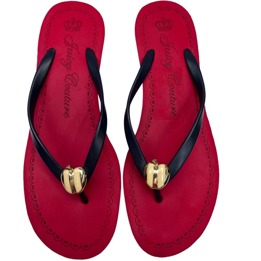 Juicy Couture Red White Blue Thong Slip On Wedge Gold Tone Apple SZ9 4Th Of July - Picture 2 of 9